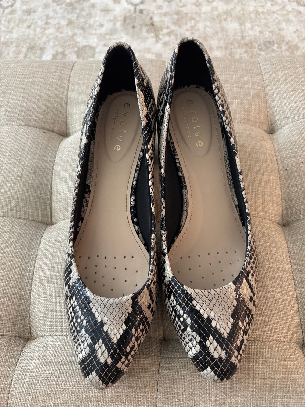 Easy Spirit Snake-Print Pointed Flats in Black and Cream